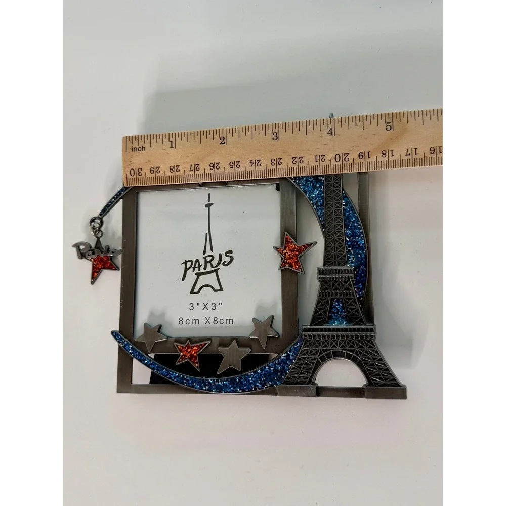 Paris Eiffel Tower Picture Frame Metal 3x3 Blue Glitter Star Souvenir Decor